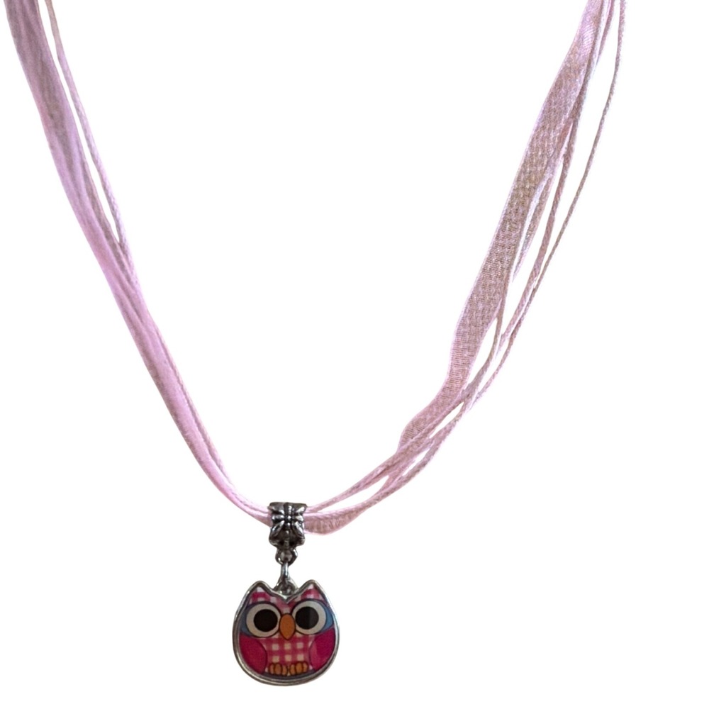 Pink Owl Pendant Multiโ Strand Ribbon Cord Necklace Silver Tone Whimsical